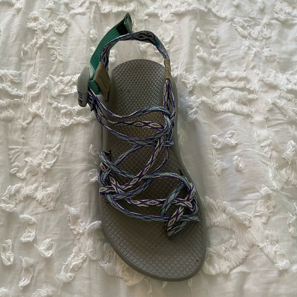 3 Strap Chacos - Gray with blue and purple straps